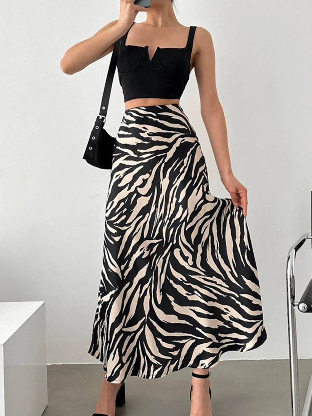 Forever 21 Zebra Print High Waist Midi A-Line Skirt Spring Contrast Color